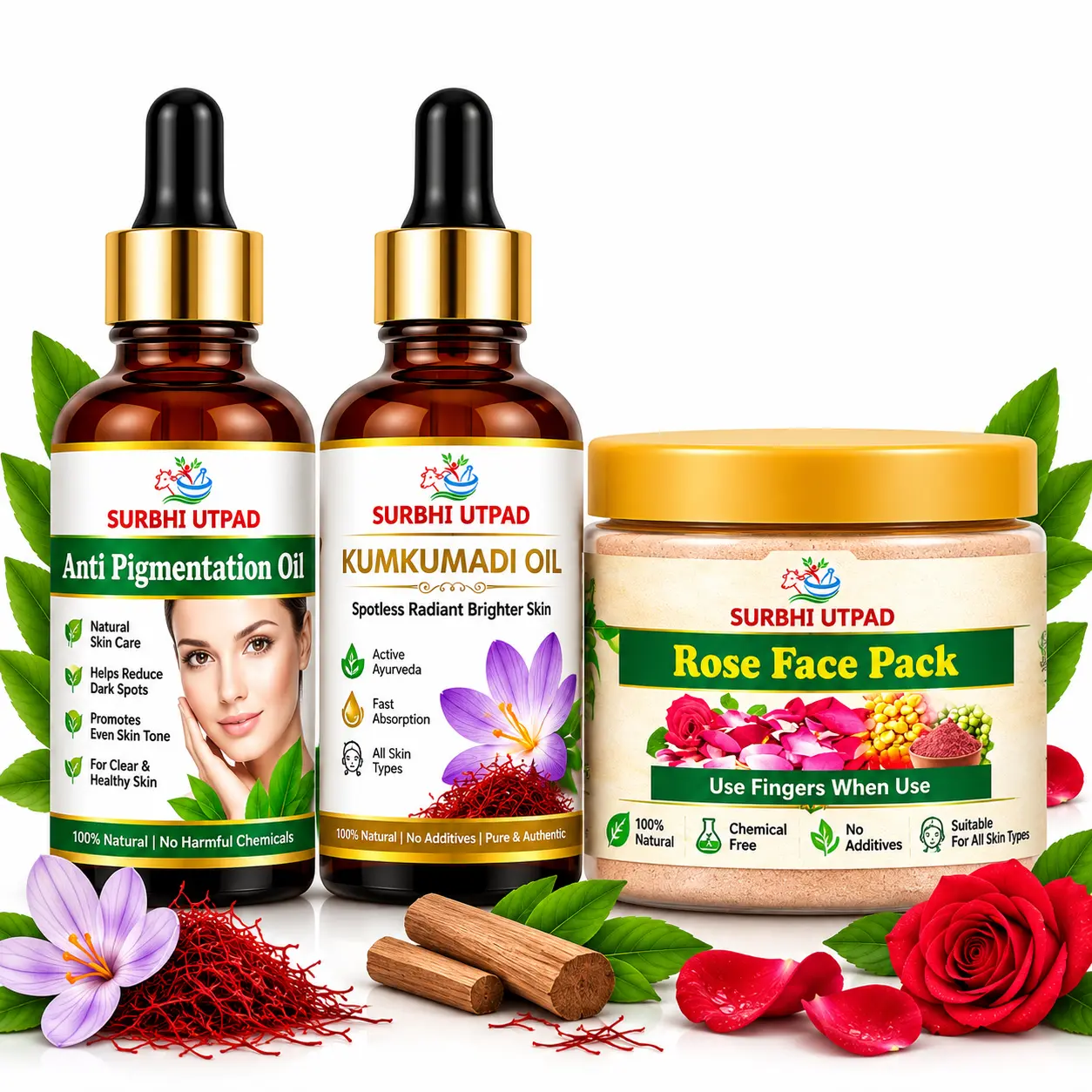 Pigmentation-kit Kit for Pigmentation - Anti Pigmentation Oil, Kumkumadi Oil and Rose Face Pack by Surbhi Utpad