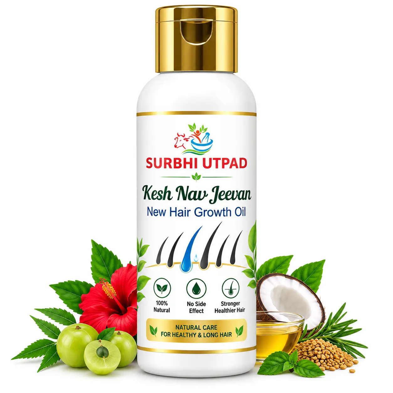 hair-regrowth-oil-kesh-nav-jeevan Hair Regrowth Oil - Kesh Nav Jeevan bottle by Surbhi Utpad with hair growth illustration