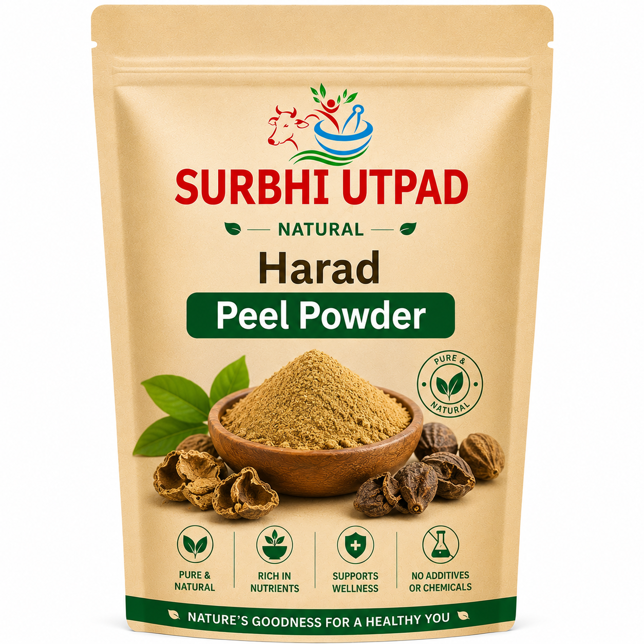 harad-peel-powder alt="Harad Peel Powder pouch by Surbhi Utpad - natural harad powder with dried peels and whole harad fruit